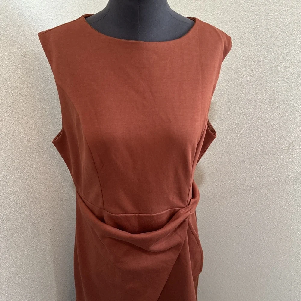 Fehaute Women's Sleeveless Draped Front Detail AssymetriicMidi Dress Rust Sz 12 - Picture 2 of 11